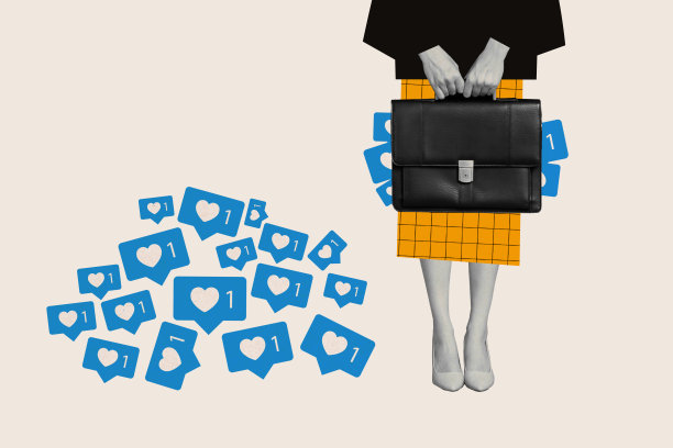 黑白剪影小办公室女经理站在一堆像爱心一样的反馈旁边的综合趋势艺术照片拼贴图片下载