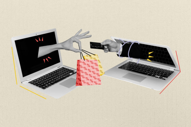 照片拼贴，笔记本电脑，在线商店购物，购买包裹，折扣，特价优惠，信用卡支付，无现金电子商务图片下载