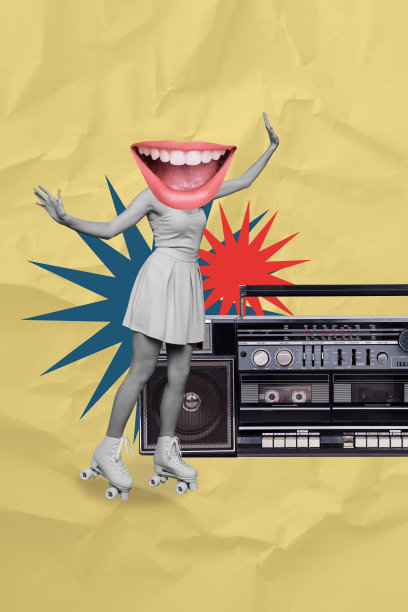 黑白剪影的无头女士照片拼贴，巨大的调皮嘴巴，穿着复古滑轮溜冰鞋，旁边有一个巨大的音响。图片下载