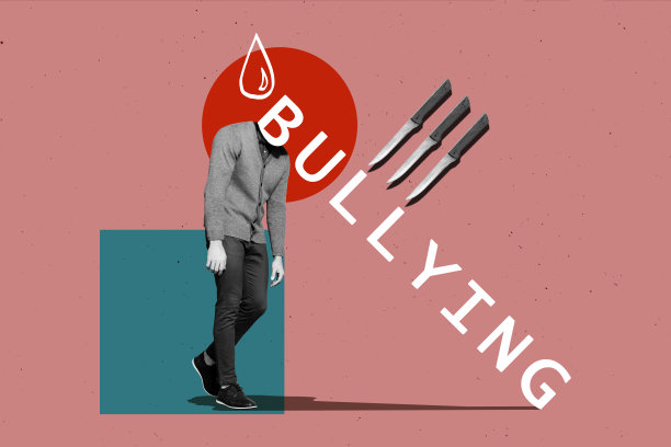 沮丧的无头男子掉落威胁性刀具的合成照片拼贴，表现出欺凌、羞耻、虐待和冒犯的受害者，孤立在涂鸦背景上。图片下载