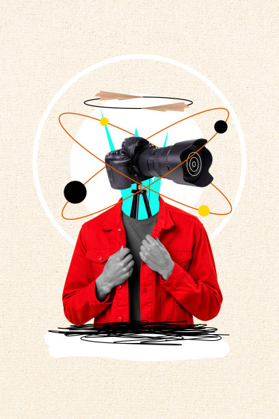 垂直照片拼贴，头部缺失的男人，摄影机代替面部，卡通身体，围绕爱好拍照的镜头。图片下载