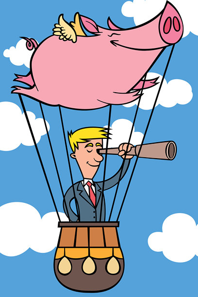 商人坐着会飞的猪气球展望未来，当猪飞的时候，会飞的猪图片下载