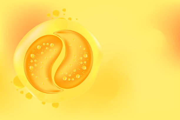 美容护理营养护肤，黄色金色背景，3D水凝胶眼贴，凝胶质地。韩国提拉面膜图标，时尚的抗衰老、保湿护肤产品。图片下载