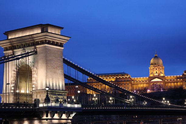 布达佩斯圣诞前夜的塞切尼桥和布达城堡的横向夜景照片图片下载