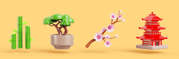 日本图标的3D套件。传统房屋或寺庙，樱花枝，竹子，花盆盆栽树。亚洲建筑，孤立的春季设计元素，卡通渲染。图片下载