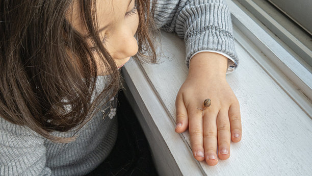 一个女孩好奇地观察着一只蜗牛在她的手上爬行，这一刻捕捉了探索的宁静时光。这张图片展示了童年的奇妙与与自然的连接。图片下载