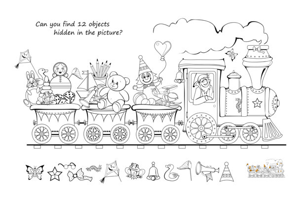 你能在图片中找到12个隐藏的物体吗？逻辑谜题游戏。插图展示了一列玩具火车。儿童脑筋急转弯书的页面。涂色书。黑白矢量图。图片下载