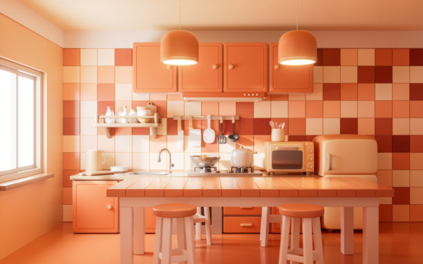 厨房房间里的卡通风格餐桌，3D渲染。图片下载