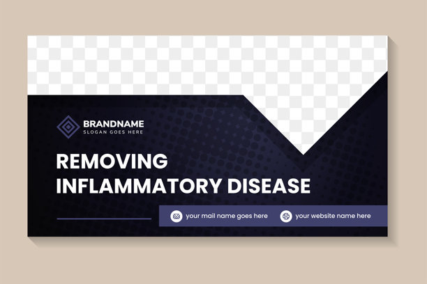 抽象海报横向布局设计模板合集，标题为“消除炎症性疾病”，背景为深蓝色，留有照片拼贴的空间。图片下载