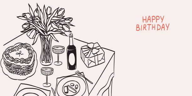 浪漫晚餐海报、横幅或标牌。为生日或婚礼派对邀请设计的酒和郁金香花束插图。为两人准备的餐桌，情侣、爱人在餐厅、咖啡馆或家中，采用墨水风格。图片下载