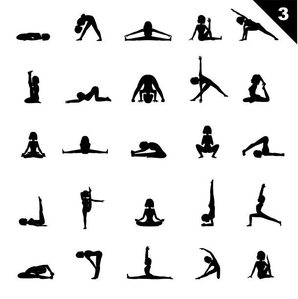 瑜伽轮廓女性姿势角色矢量轮廓黑色阴影集3图片下载