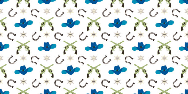 牛仔西部无缝图案，包含帽子、警长徽章、左轮手枪和马蹄铁。可爱的手绘插图，适用于包装、包装纸或纺织品设计。图片下载