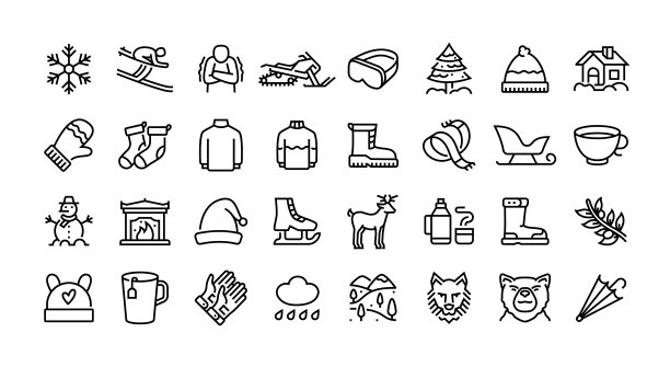 冬季线条图标集。物品组合：雪花、滑雪、寒冷、雪地摩托、冬季房屋、雪人。图片下载