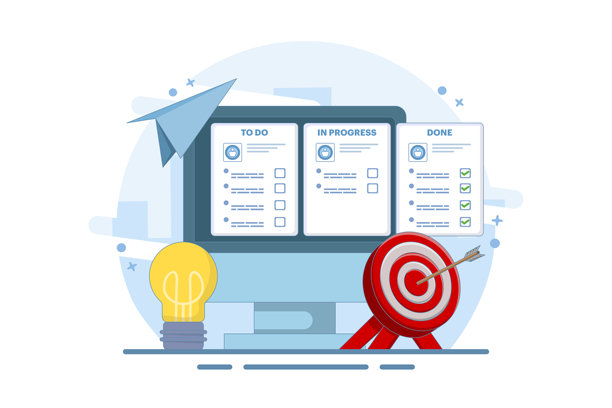 项目管理、战略和组织概念。办公桌上有笔记本电脑和带有任务和贴纸便签的看板。背景为平面矢量插图。图片下载