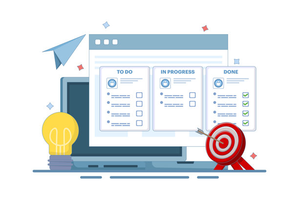 项目管理、战略和组织概念。办公桌上有笔记本电脑和带有任务和贴纸便签的看板。背景为平面矢量插图。图片下载