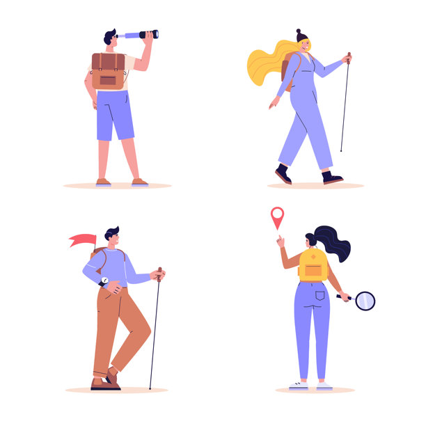 冒险、露营、度假和旅游的集合，徒步旅行小径。人们在徒步旅行并查看地图。夏季山地运动活动。平面设计的矢量插图集。图片下载