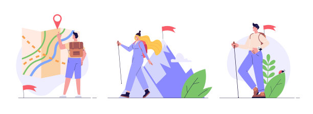 冒险、露营、度假和旅游的集合，徒步旅行小径。人们在徒步旅行并查看地图。夏季山地运动活动。平面设计的矢量插图集。图片下载