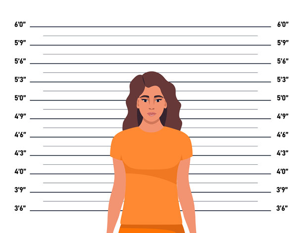 犯罪嫌疑人的正面照片，背景为测量标尺。穿着橙色囚服的女性囚犯摆姿势拍摄身份证明照片。矢量插图。图片下载
