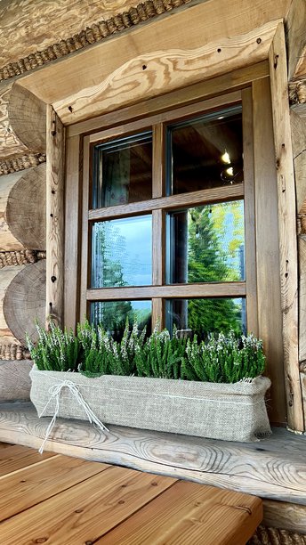 老木屋窗户的竖直照片，窗台上摆放着花朵图片下载