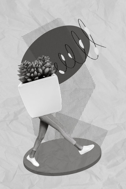 创意照片3D拼贴艺术明信片，奇怪的人走路时用大花盆遮住脸，背景为绘画风格。图片下载