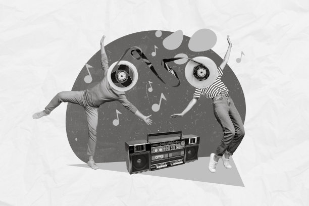 创意照片3D拼贴艺术海报明信片，展示两位快乐的舞蹈情侣在绘画背景下一起享受乐趣。图片下载