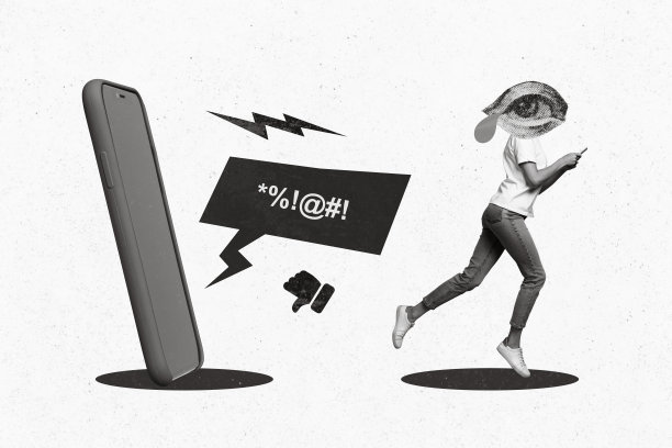 荒诞的无头女性博主在白色背景下因网络欺凌和负面评论而哭泣，逃离手机的拼贴照片图片下载