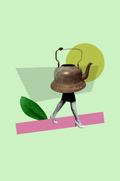 海报图像：垂直照片拼贴，匿名女孩与旧水壶、叶子植物、草药茶、咖啡师、冲泡、清晨、新鲜饮品。图片下载