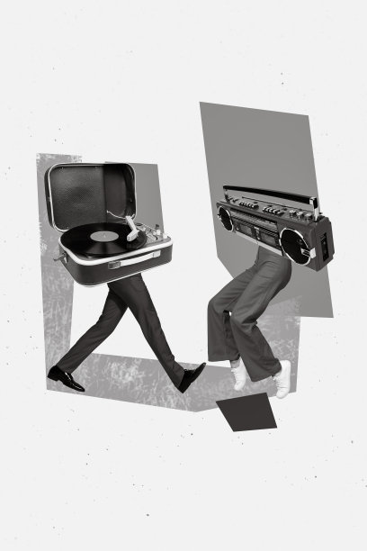 创意竖版照片拼贴，搞笑的无身体腿部与黑胶唱片和音响代替身体在白色背景上跳舞图片下载