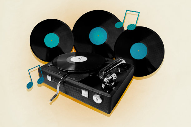 3D照片拼贴模板趋势艺术作品，合成黑胶唱片播放器、乐谱、音乐、夜晚场合、派对、无忧无虑的周末夜生活图片下载