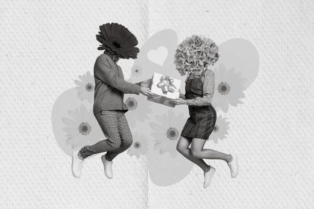 创意图片拼贴明信片，漂亮的情侣用花代替头部，分享礼物，背景为手绘风格。图片下载