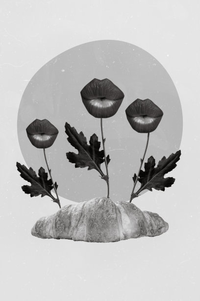 创意广告图片照片拼贴模板，烘焙的法式新鲜可颂，生长的卡通嘴唇植物在米色背景上亲吻。图片下载