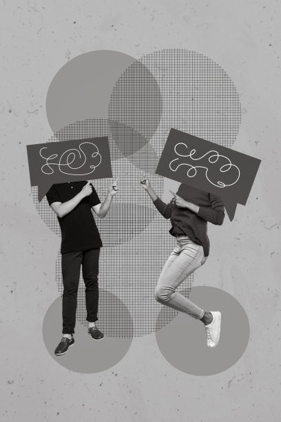 垂直创意拼贴照片，快乐的年轻男女在白色背景上对话，头部被云朵替代。图片下载