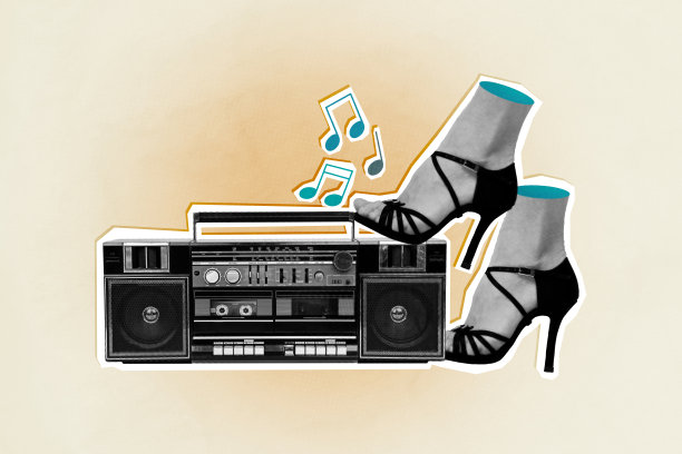 趋势艺术作品复合横幅 3D 照片拼贴，包含音响、乐谱、鞋子、脚、站立轮廓，娱乐、周末、无忧无虑的夜晚活动图片下载