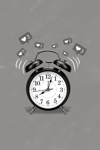 复古闹钟的创意竖向照片拼贴，收入通知和许多点赞，背景为青绿色。图片下载