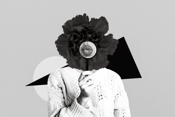 创意照片3D拼贴艺术海报明信片，女人手持放大镜，展示大嘴唇，背景为绘画风格。图片下载