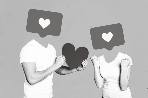 两个人的拼贴照片，新家庭的情人节礼物，红色纸质明信片，缺头的女孩表达情感，庆祝活动，背景为蓝色。图片下载