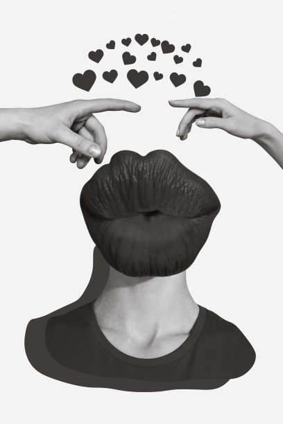 无头人物的垂直照片拼贴，荒诞的红色口红吻痕，撅起的嘴唇，手指相触，背景为白色。图片下载