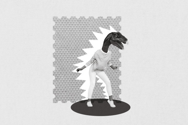 有趣、奇特、愤怒的恐龙女性在蓝色背景上尖叫的创意照片拼贴插图图片下载