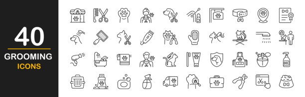 宠物美容图标集。简单的宠物美容相关矢量线条图标集合。包含宠物美容、洗澡、刷牙、修指甲、照顾狗和猫等图标。图片下载