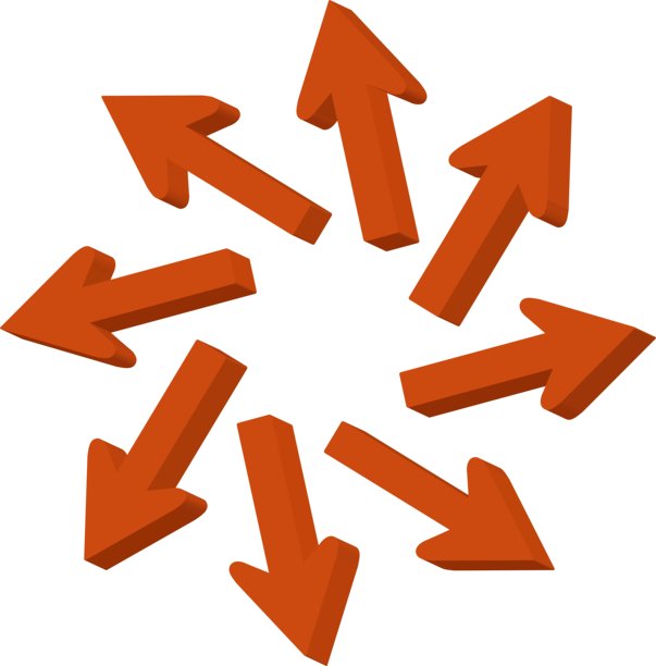 红色三维箭头辐射向外 - 多方向符号 / 插图素材（矢量插图）图片下载