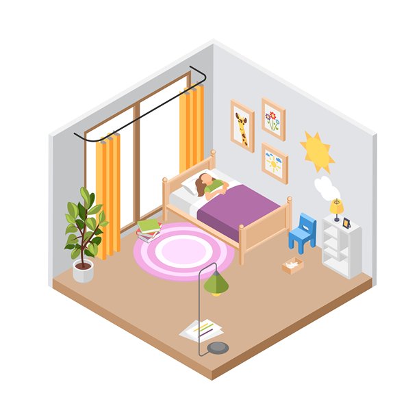 孩子在卧室里睡觉。小女孩躺在床上，等距室内设计。儿童房间有画、书籍、地毯、书架和台灯。家庭场景矢量图。图片下载