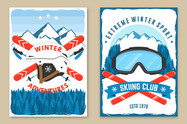极限冬季运动。复古滑雪俱乐部的矢量传单、海报、横幅，包含山脉、滑雪、滑雪眼镜、滑雪杖、头盔。家庭度假、活动或旅行。图片下载