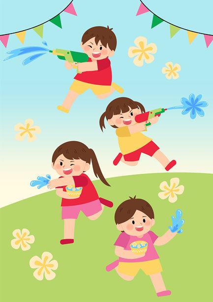 宋干节泰国节日海报，带有可爱的角色在玩水枪图片下载