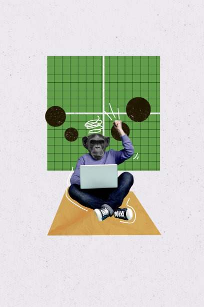 趋势艺术作品复合3D照片拼贴，年轻的隐秘人物，头部是无头猴子，坐在办公室经理的位置上，双腿夹着笔记本电脑。图片下载