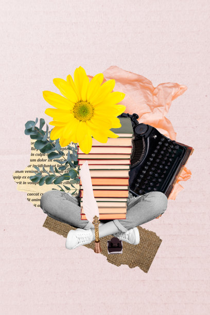 超现实的合成素描艺术作品，3D照片拼贴，身体缺失的女学生，花朵，巨大的书堆，坐在莲花上，打字机。图片下载