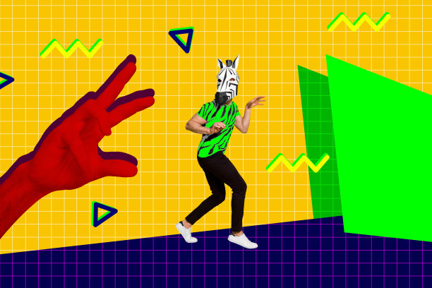 趋势艺术作品素描图像合成照片拼贴，色彩鲜艳的荒诞男人无头斑马头，反而遭受巨大手戴着红手套的困扰。图片下载