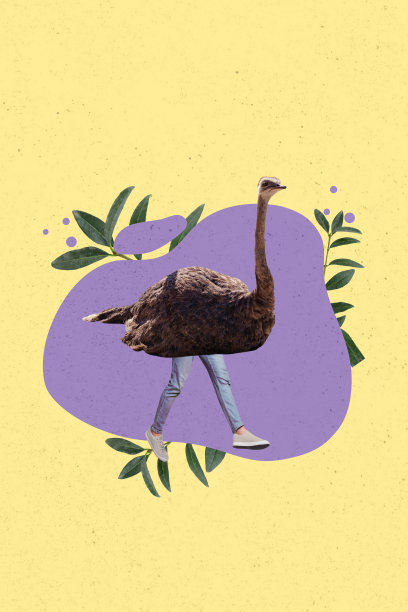 素描图像合成趋势艺术作品，3D照片拼贴，隐形人物的无身体鸵鸟站在人类的腿上，旁边是植物花叶。图片下载