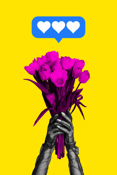 垂直照片拼贴，手握盛开的郁金香花束，心形如情人节女性节日问候，背景为涂鸦风格。图片下载