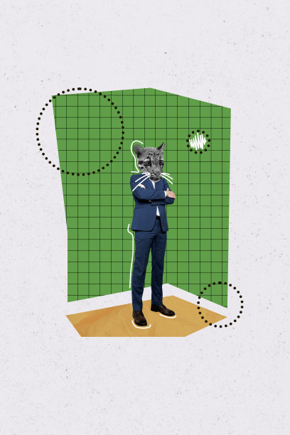 趋势艺术作品复合照片拼贴，年轻的隐秘人物，头部是野猫的头，代替自信的办公室经理，站得笔直。图片下载