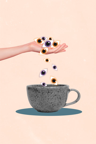复合趋势艺术作品草图，3D照片拼贴，巨大的手握着装满一堆卡通眼睛的大杯子，眼睛直视前方。图片下载